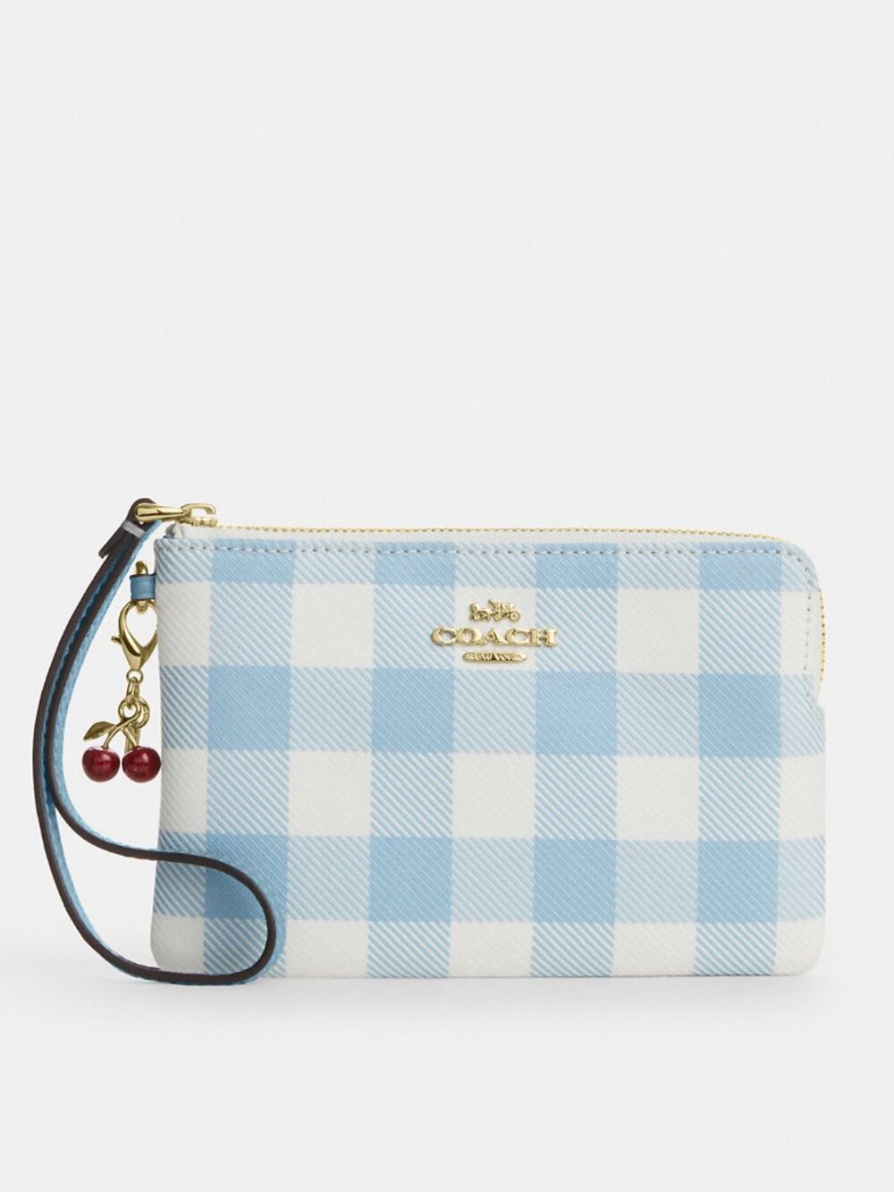 Coach Corner Zip Wristlet With Gingham Print And Charm